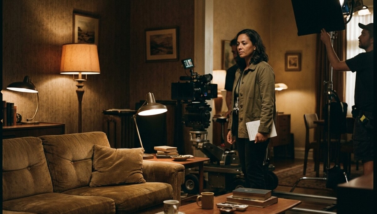 On a film set, lighting and camera positioned around a living-room scene