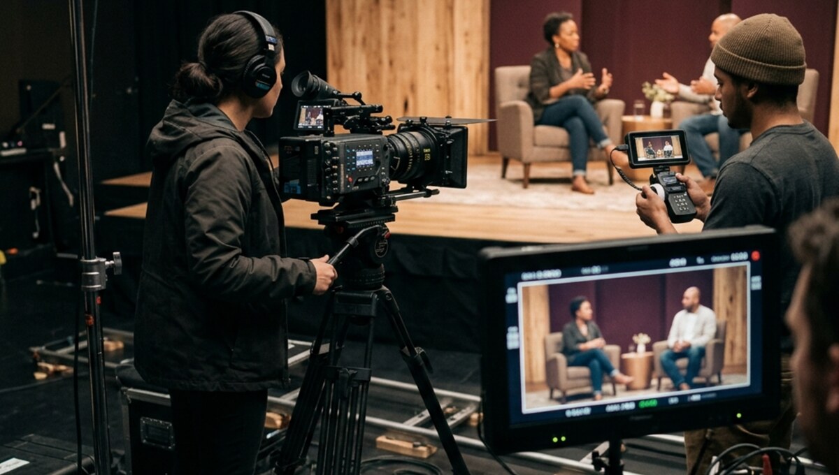 Camera crew filming a live talk-show set
